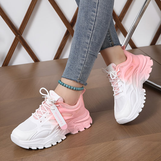 Gradient chunky sneakers for women with low top lace up design, perfect for running and sports.