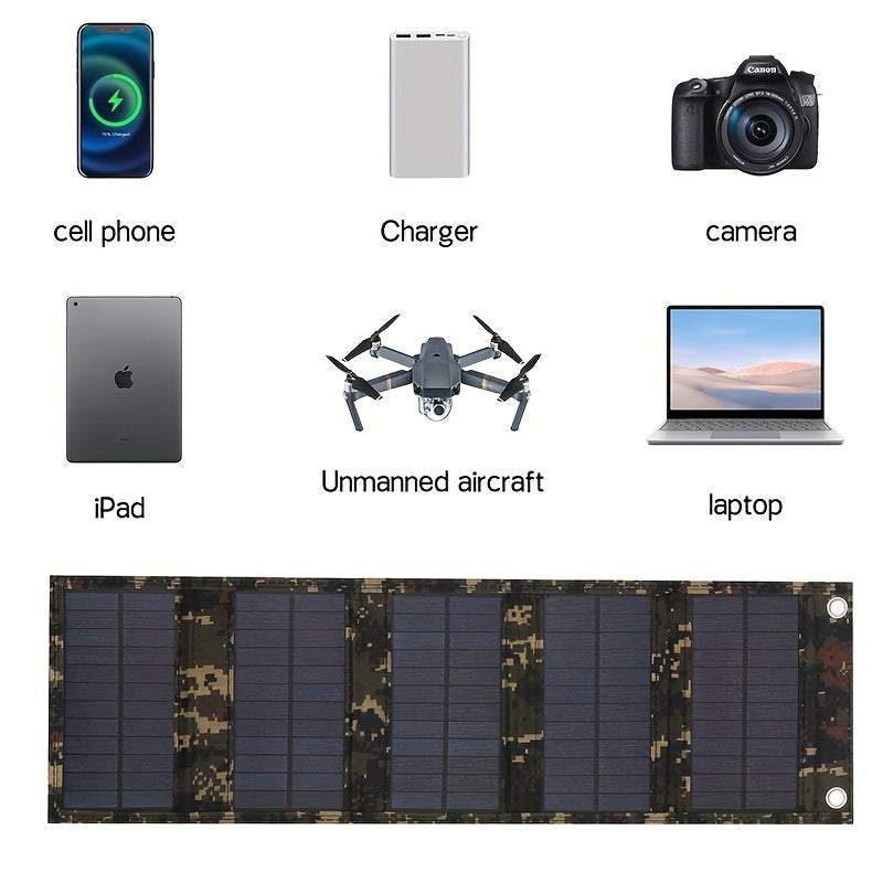 Durable 35W Portable Solar Charger Panel with USB Output - Ideal for Travel & Camping, Foldable, Solar-Powered without Battery, Non-Removable Photovoltaic Panel with Carabiner & Cable.