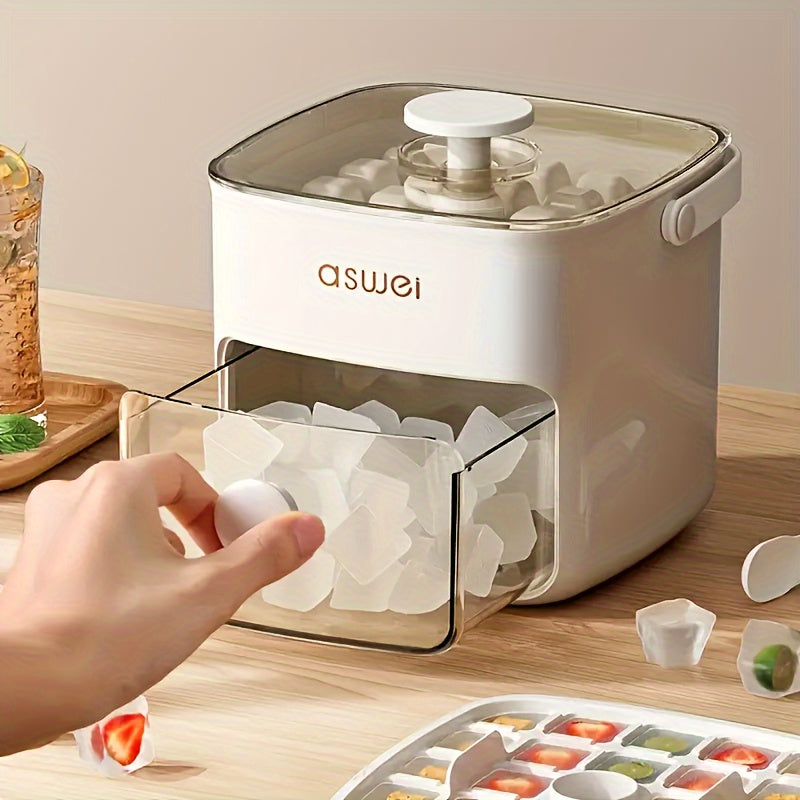 Portable 48-cube ice maker with easy-press lid, double layer design for freezing and storage. Includes silicone tray and PET material, no electricity needed. Ideal kitchen accessory with