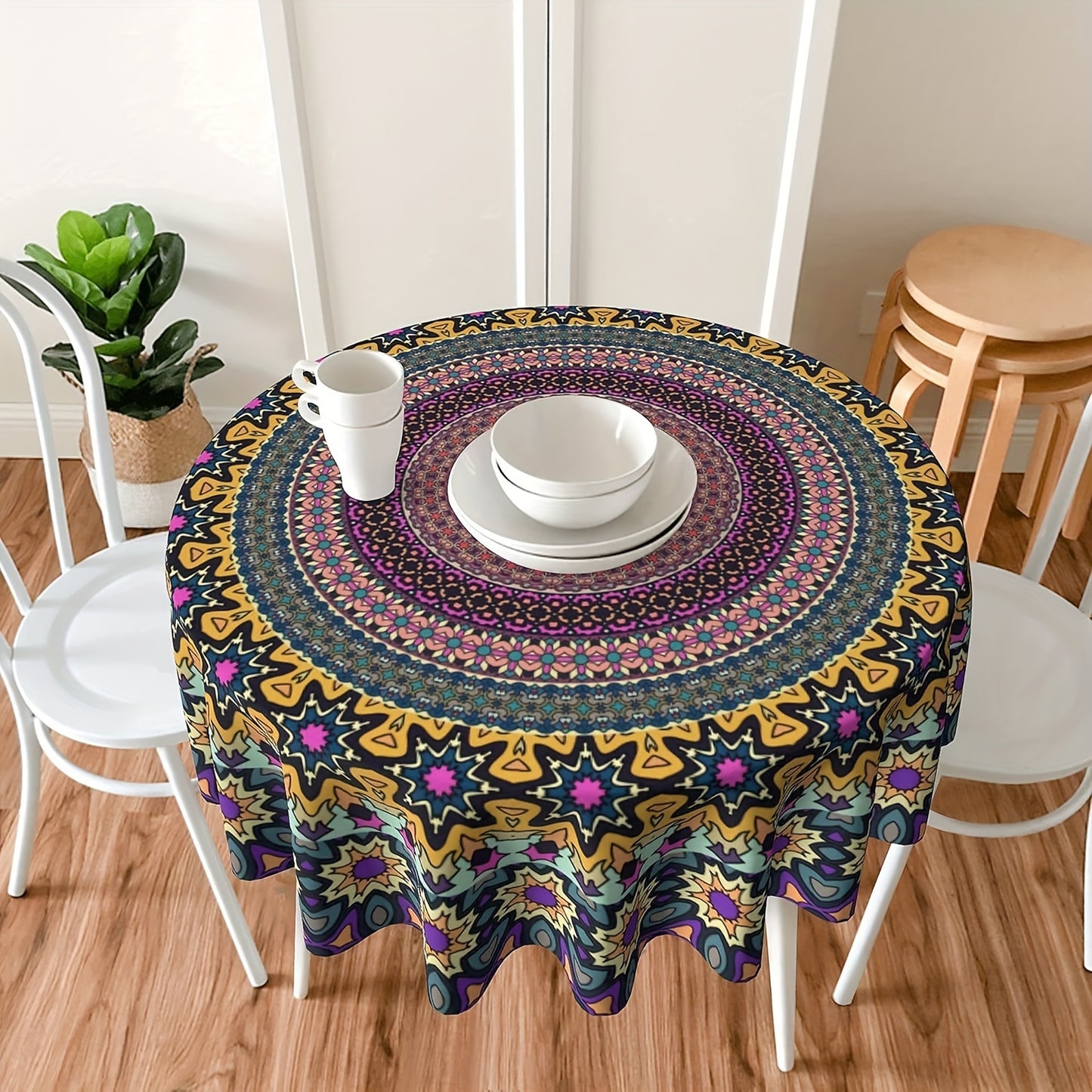 1 piece Bohemian Mandala Round Tablecloth - Waterproof Polyester for Kitchen, Dining, Holidays, Picnics, Camping