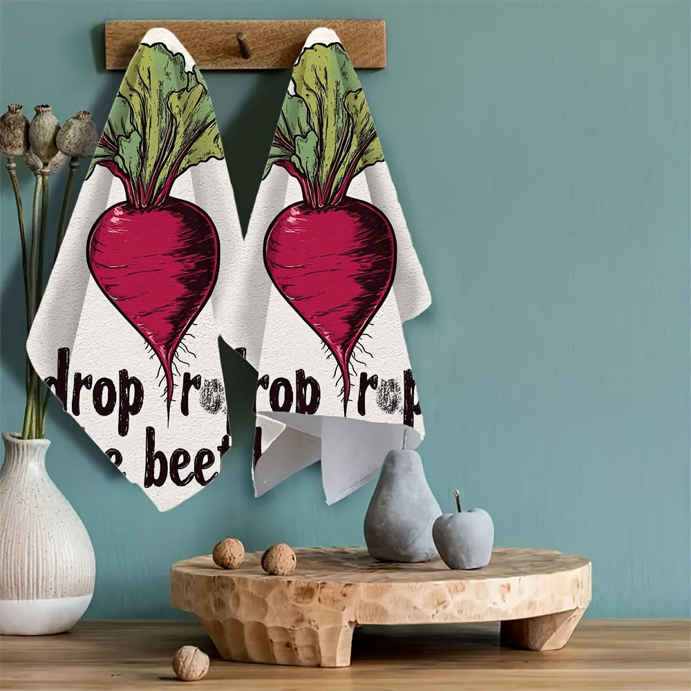 2 pieces of ultra soft polyester kitchen towels with a humorous "Drop the Beet" design. These towels are highly absorbent, machine washable, and measure 40.64x60.96 cm. Perfect for holiday decor and everyday use in the kitchen.