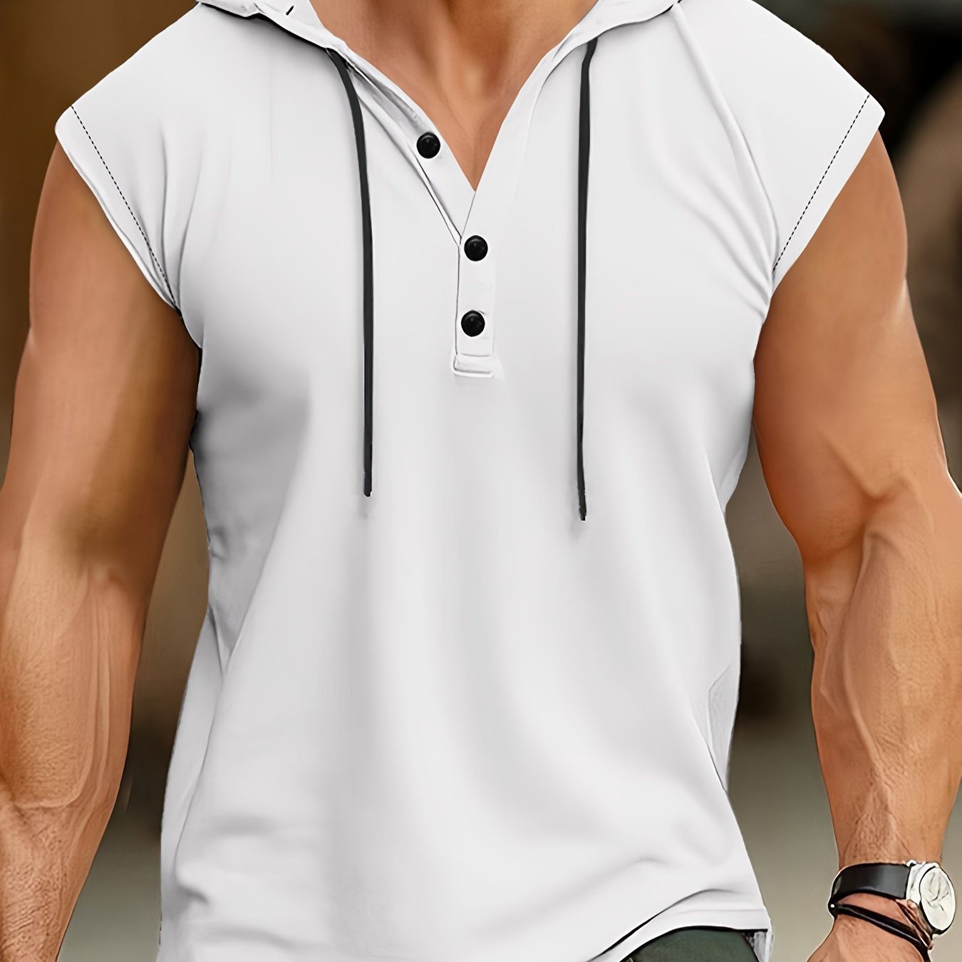 Lightweight, breathable polyester sleeveless hooded Henley shirt for men, perfect for summer casual or sporty wear. Features button detailing and is machine washable.