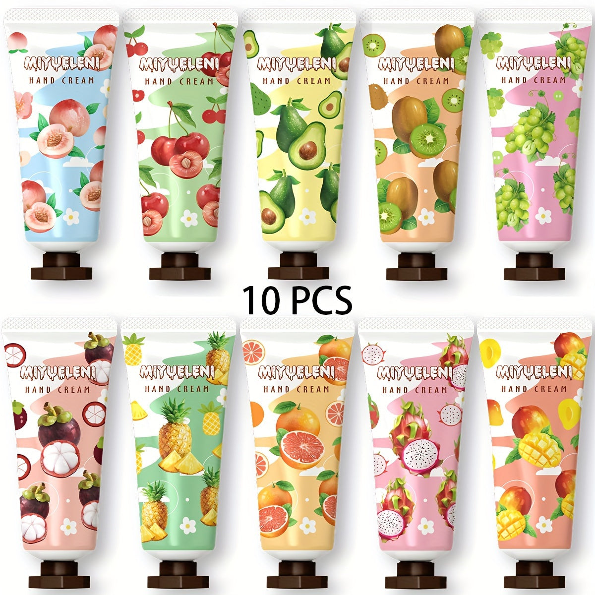 10-piece set of fruit and plant-based hand creams, alcohol-free with vitamin E and glycerin for non-greasy daily moisturizing, ideal for dry skin in fall and winter.