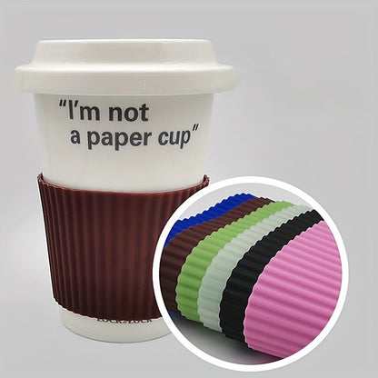 Silicone coffee cup sleeve with Hawaiian stripe pattern, heat insulation, non-slip, BPA-free, reusable, machine washable, for adult use.