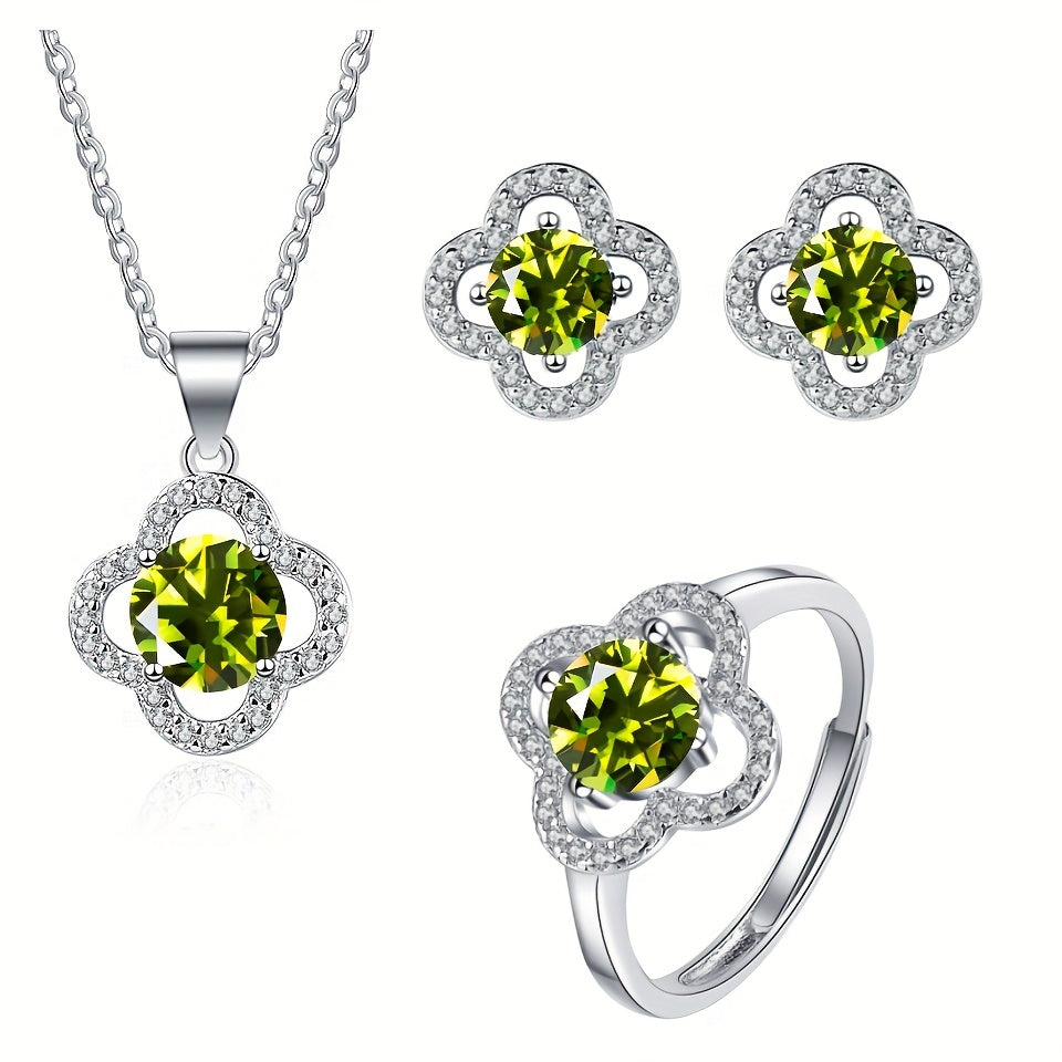 4-piece Moissanite Jewelry Set featuring 925 Sterling Silver Earrings, Necklace, and Ring in a Lucky Flower Design. Perfect for complementing daily outfits and a dainty Christmas gift for your loved one.