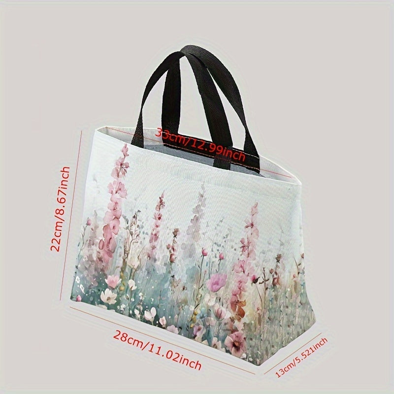 Insulated Lunch Tote with Floral Design for Men and Women, Leak-Proof Reusable Polyester Bag with Hand Wash Operation, Square Thermal Lunch Box for Office, Beach, and Travel - Featuring Dual-Sided Print