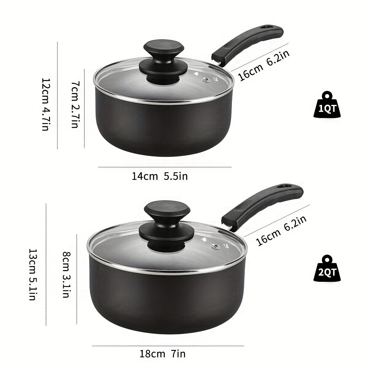 Set of two nonstick sauce pans with lids, including 1 quart and 2 quart sizes. Features stay-cool handles, induction compatibility, and PFOA-free coating. Ideal for cooking pots in the kitchen.