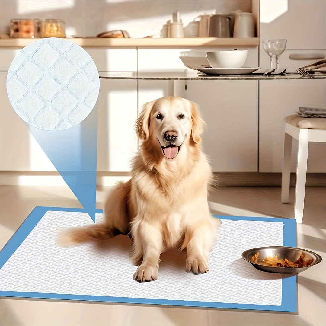 100 disposable absorbent dog training pads, waterproof, breathable, leak-proof for housebreaking and indoor use, suitable for all dog breeds. Ideal for bed and table protection.