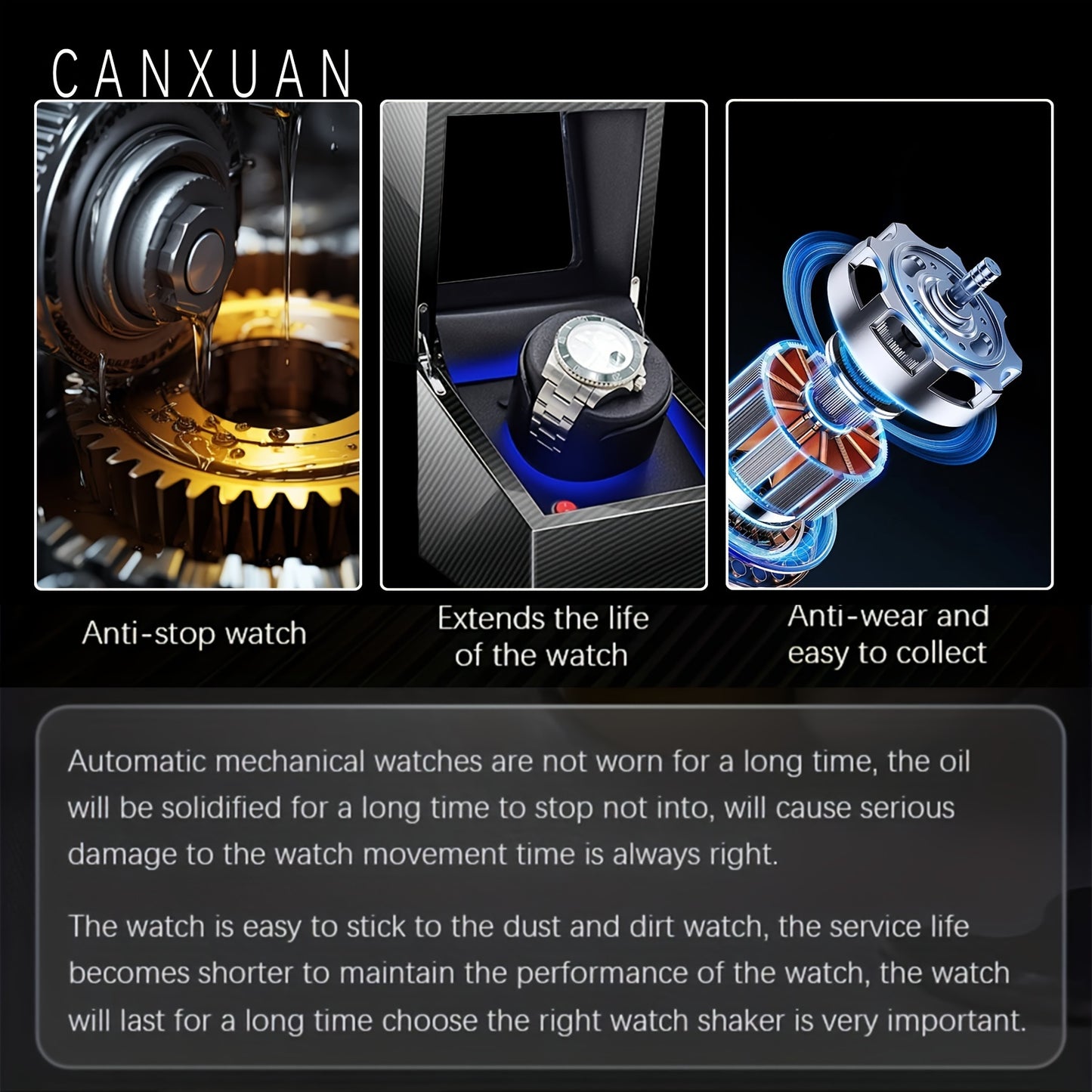 1 pc CANXUAN automatic watch winder box with 4+6 slots, quiet motors, key lock, LED light, soft pillow, faux leather, USB-powered, suitable for men's and women's watches, battery not