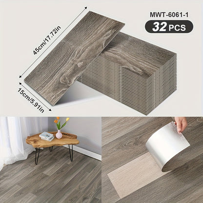 32 peel and paste floor tiles with wood grain design, 45cmx15cm, self-adhesive, waterproof, suitable for bedroom and home decor.