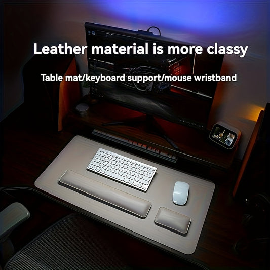 Ergonomic 3-piece desk set includes large faux leather mouse pad, keyboard mat, and wrist support for non-slip office desk protection.