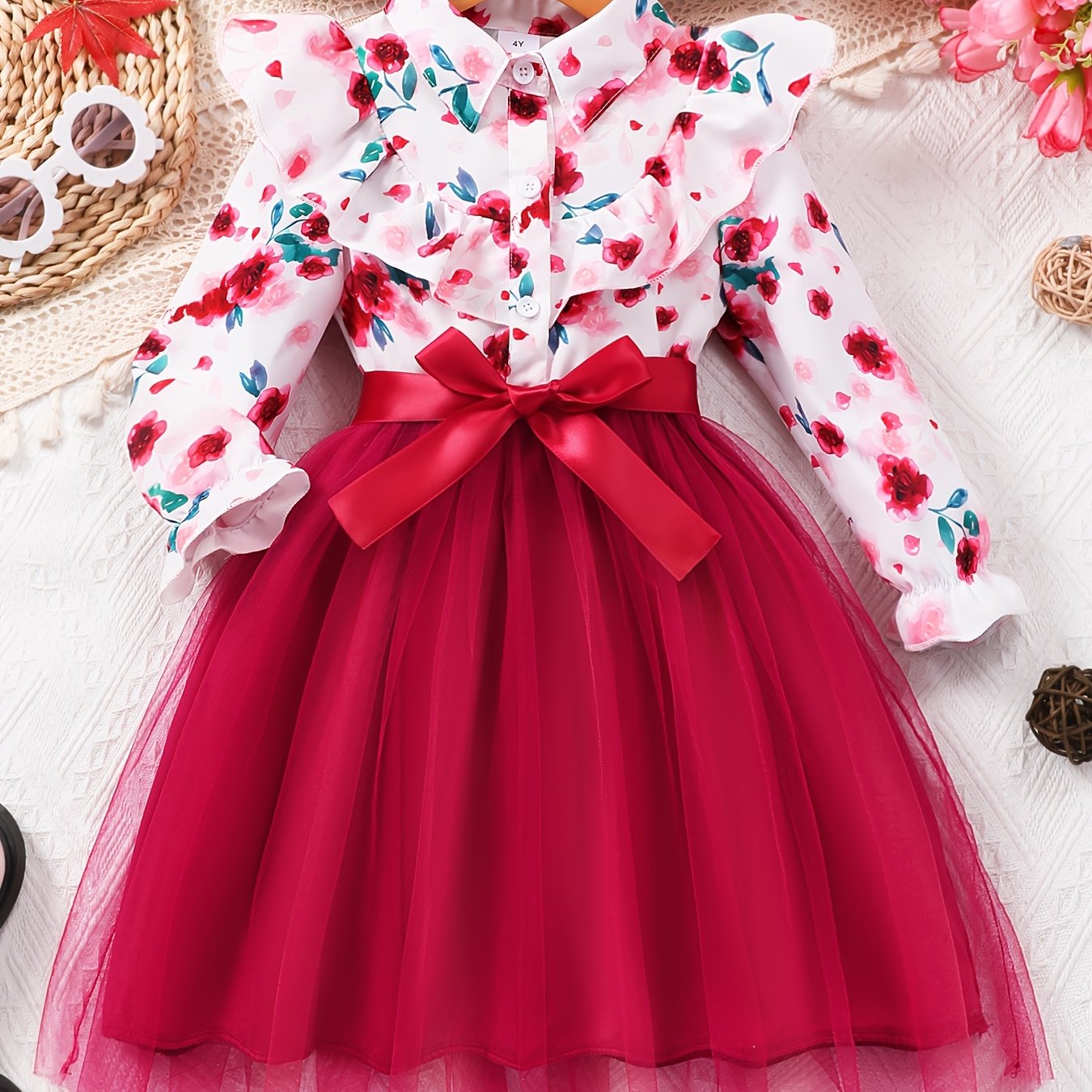 Girls' long sleeve dress with floral ruffle detail, perfect for fall and winter holidays and outdoor activities.