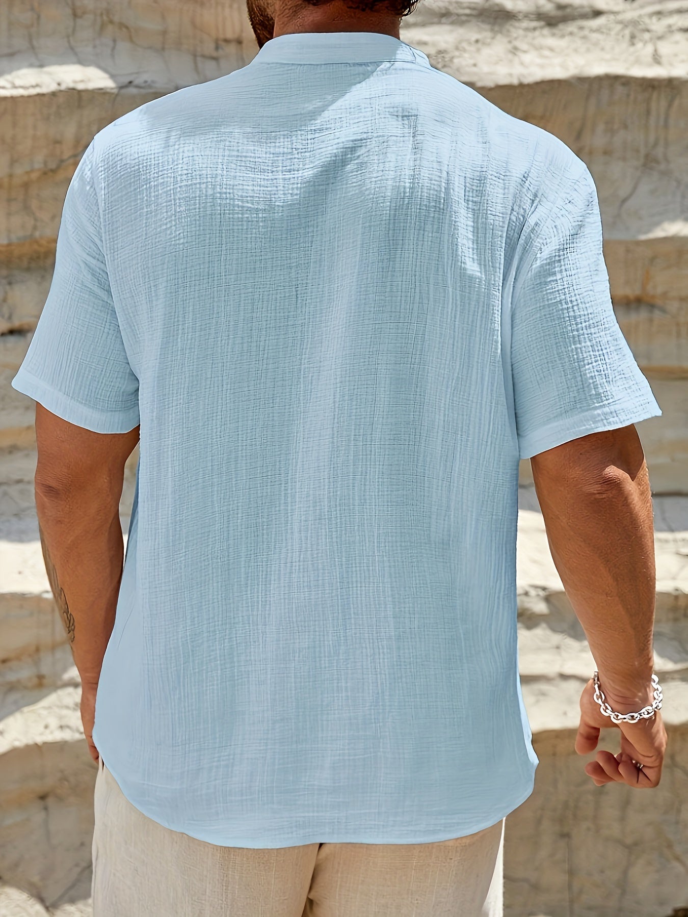 Men's plus size cotton shirt with stand collar, perfect for summer.