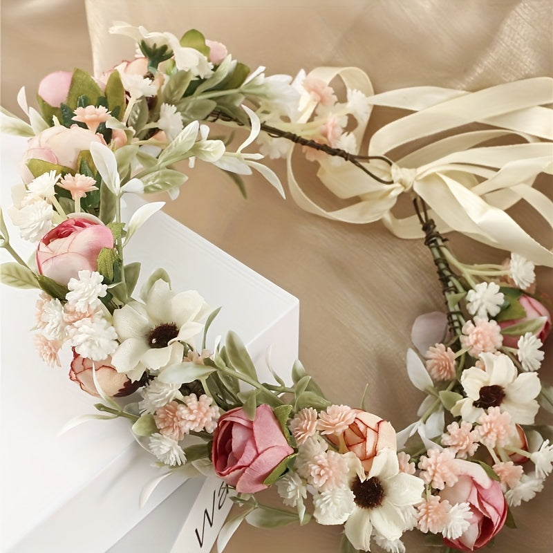 1 piece of women's flower headband featuring artificial wreath, boho hair band, wedding bridal flower crown with ribbon, and simulation floral garland for wedding party.