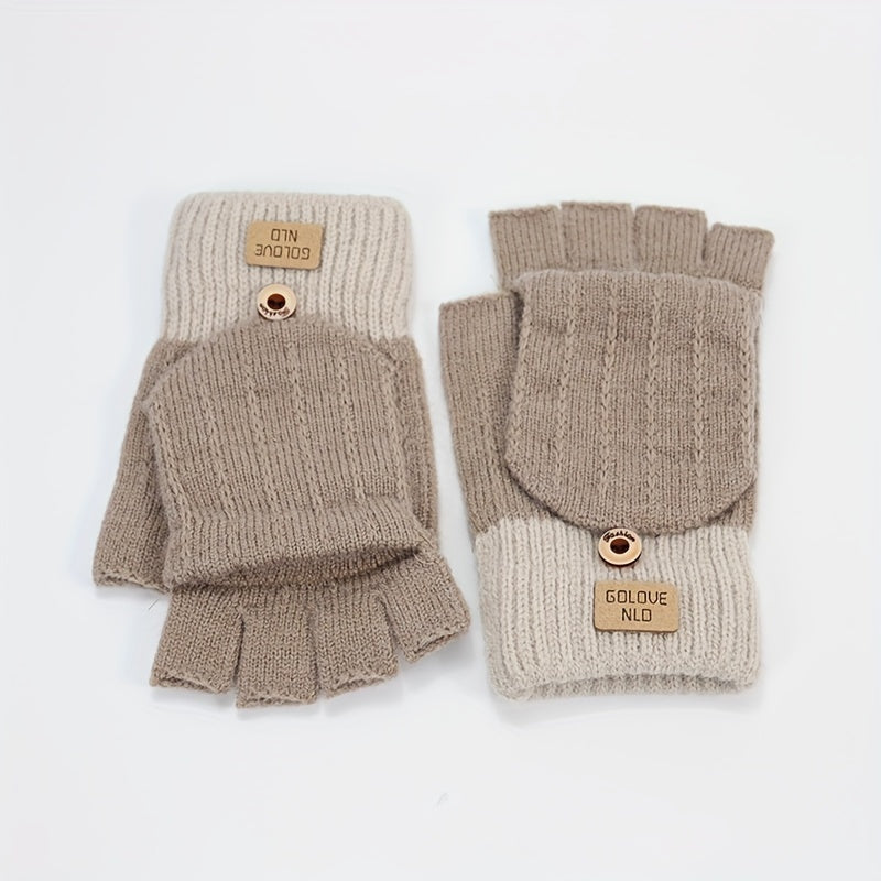 Stay warm and stylish in these women's knitted polyester flip gloves. These casual half-finger gloves come with a cover to keep your fingers cozy. Their solid color design is both classic and versatile, while the elastic material ensures a comfortable