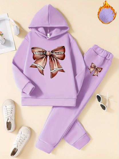 Cozy and stylish girls' 2-piece set featuring fleece-lined hoodie with bow design and matching joggers, ideal for fall/winter and outdoor activities.