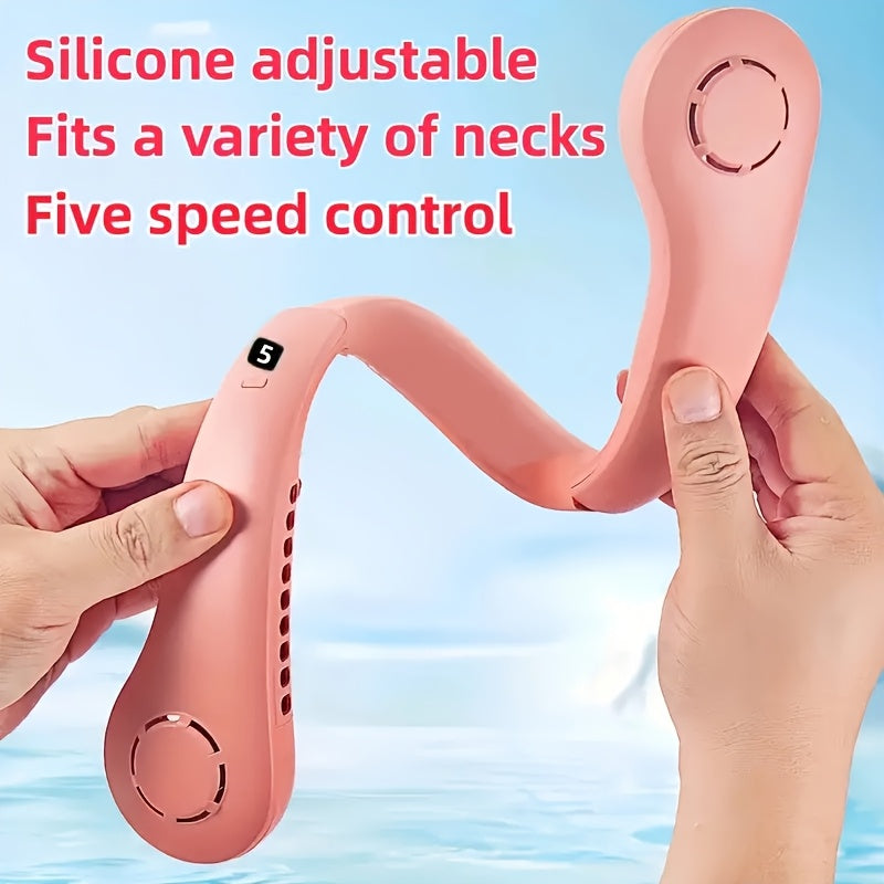 Stay cool on the go with the JKUOO Portable Neck Fan. Featuring a 5-speed digital display, USB rechargeable design, and quiet operation, this fan is perfect for indoor and outdoor use. The silicone handle makes it easy to carry, while the plastic