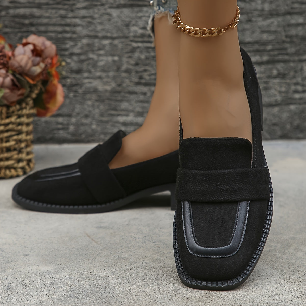 Square-toe low heeled work loafers for women in chunky style.