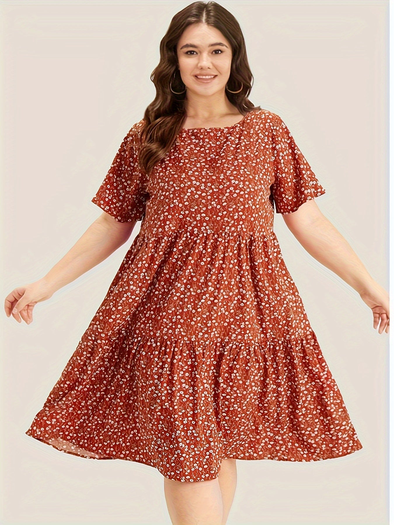 Floral midi dress for plus size women with pockets. Lightweight polyester, perfect for spring/summer vacations.