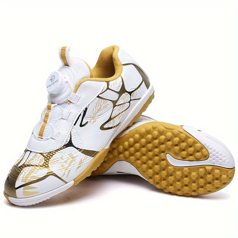 White & Golden Soccer Cleats for Youngsters with Rubber Sole, Durable PVC, Anti-Slip, Comfortable Fabric Lining & Lace-Up Closure.