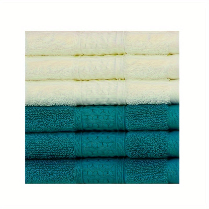 6-Pack of 100% Cotton Face Towels with assorted patterns, perfect for body and face, great for hotel, travel, and everyday use. Each towel is woven and has a GSM of 360, measuring 33.02x33.02cm.