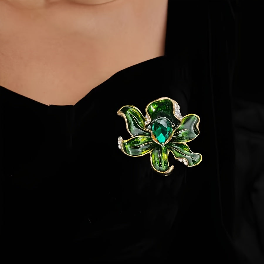 Retro and Fashionable Green Oil Drop Crystal Multi-Layer Flower Brooch, Available in 1 or 2 pieces. Perfect for Sweaters, Shirts, and Clothing. Includes Anti-Exposure Pin for Daily Wear.