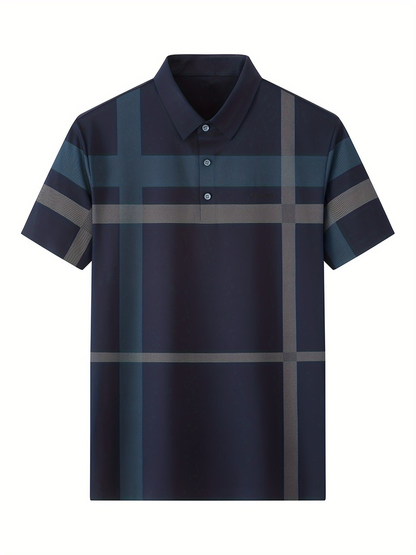 Summer plaid men's shirt with short sleeves, made of nylon blend stretch fabric that is not transparent.