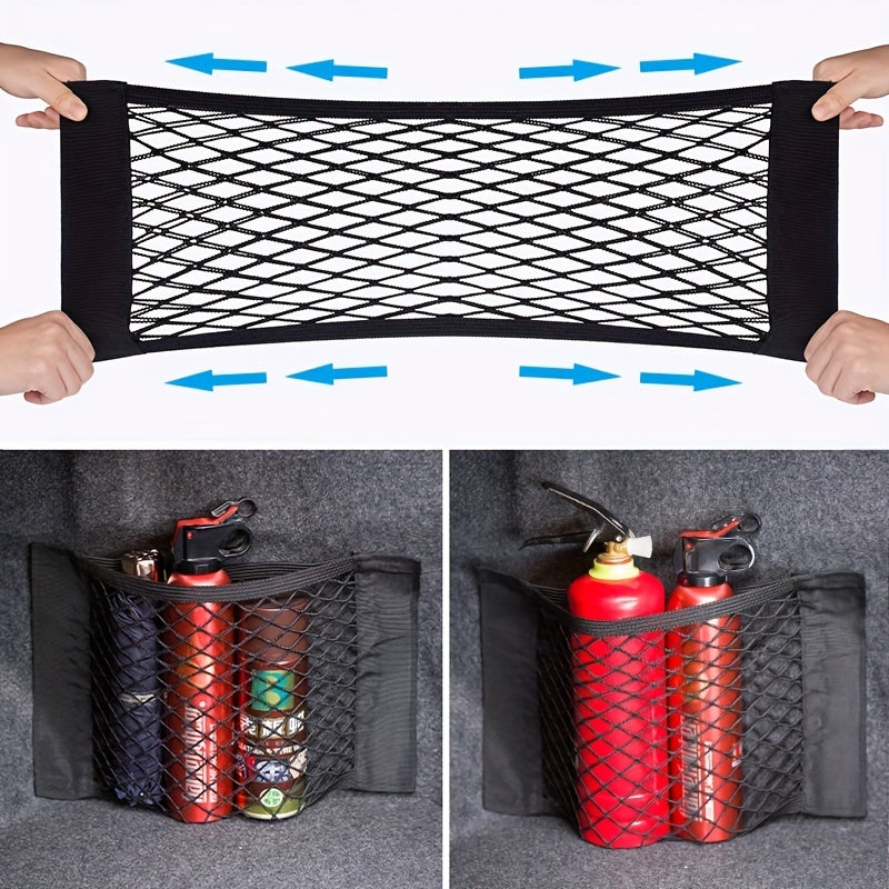 Universal car storage net for trunk organization with nylon material, can be used on rear seat or trunk wall.