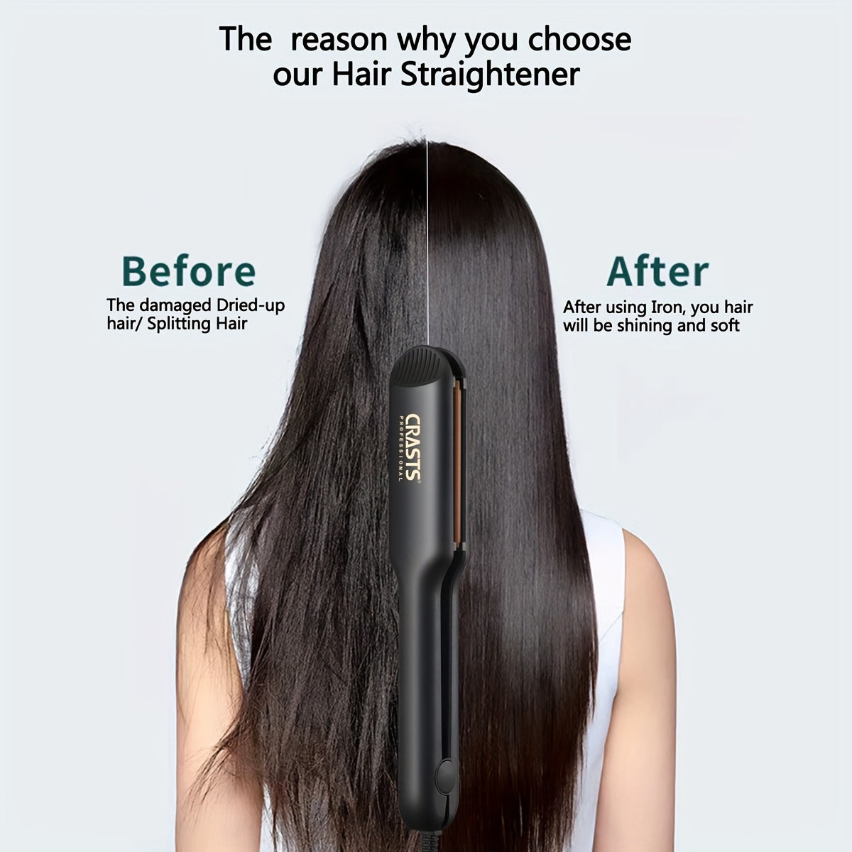 CRASTS Professional Hair Straightener is a dual function tool that is safe for all hair types and can be used with Europlug, USA Standard, and UK Standard power supplies.