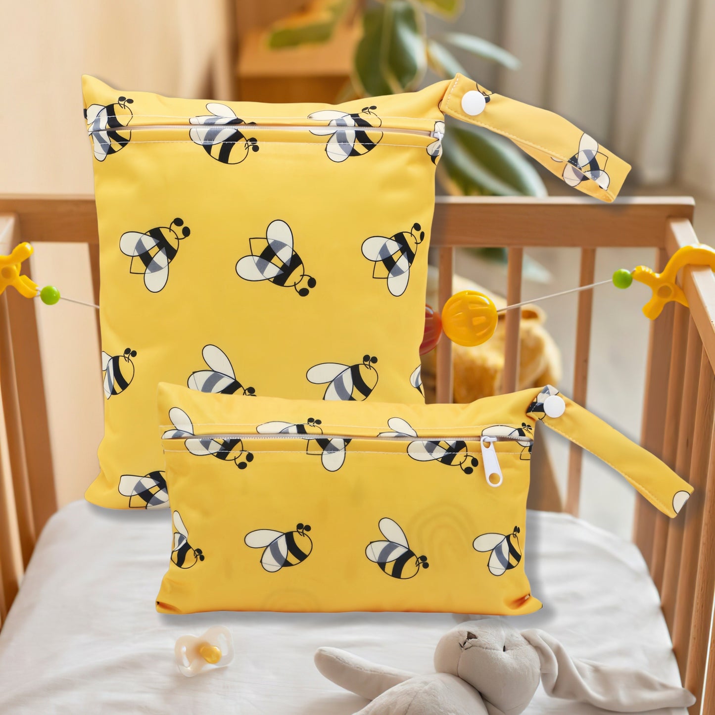 Set of 2 Bee Printed Cloth Diaper Bags - Features Zipper Closure, Snap Handle, Waterproof Fabric - Ideal for Travel, storing Wet items - Recommended for Ages 14 and Above