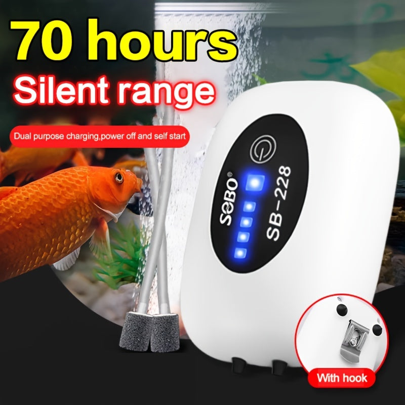 TUNFAN Portable Aquarium Air Pump with 2600mah Battery, USB Rechargeable, Silent Mode, Semi-Automatic Operation, ≤36V. Ideal for Fish Tank and Outdoor Aquarium.