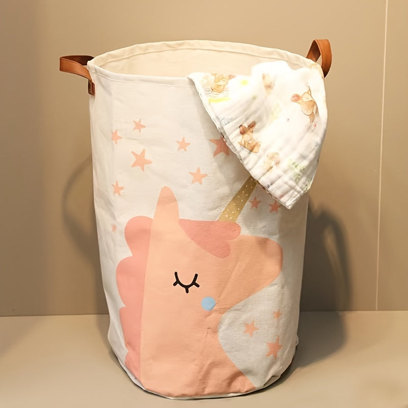 Folding storage bucket with cartoon print for organizing clothes, toys, and trash, featuring a large capacity and waterproof design for convenient home storage.