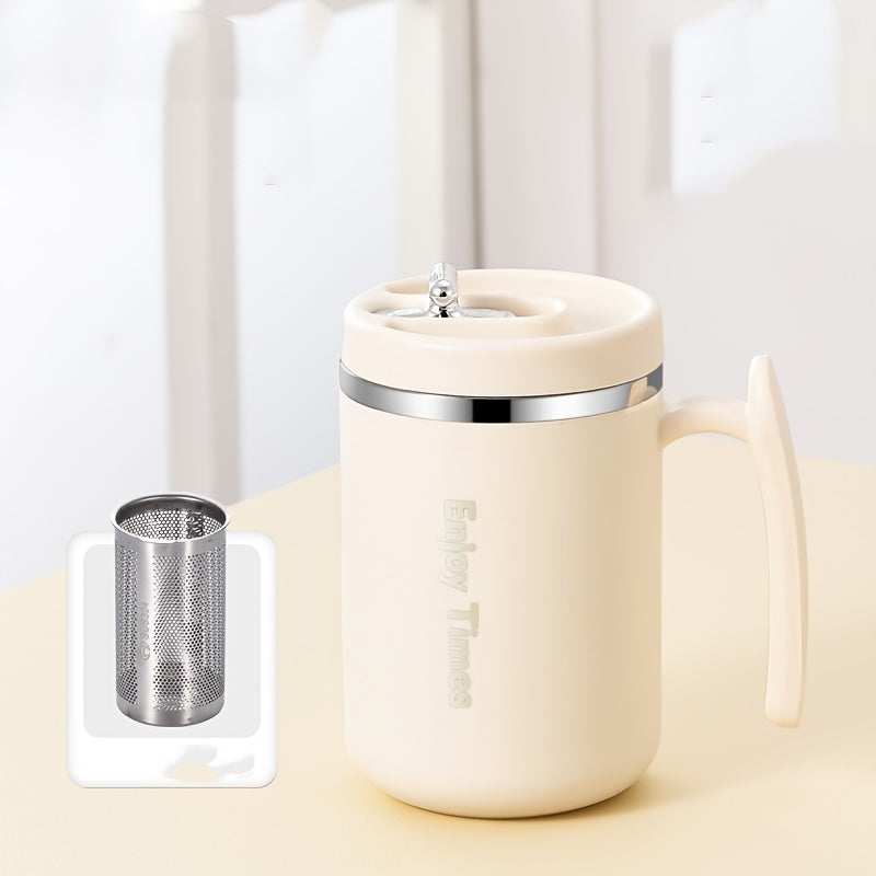 Stylish stainless steel coffee mug with straw, handle, perfect for office, reading, camping. Available in orange, light blue, cream, ideal for drinking coffee or tea.