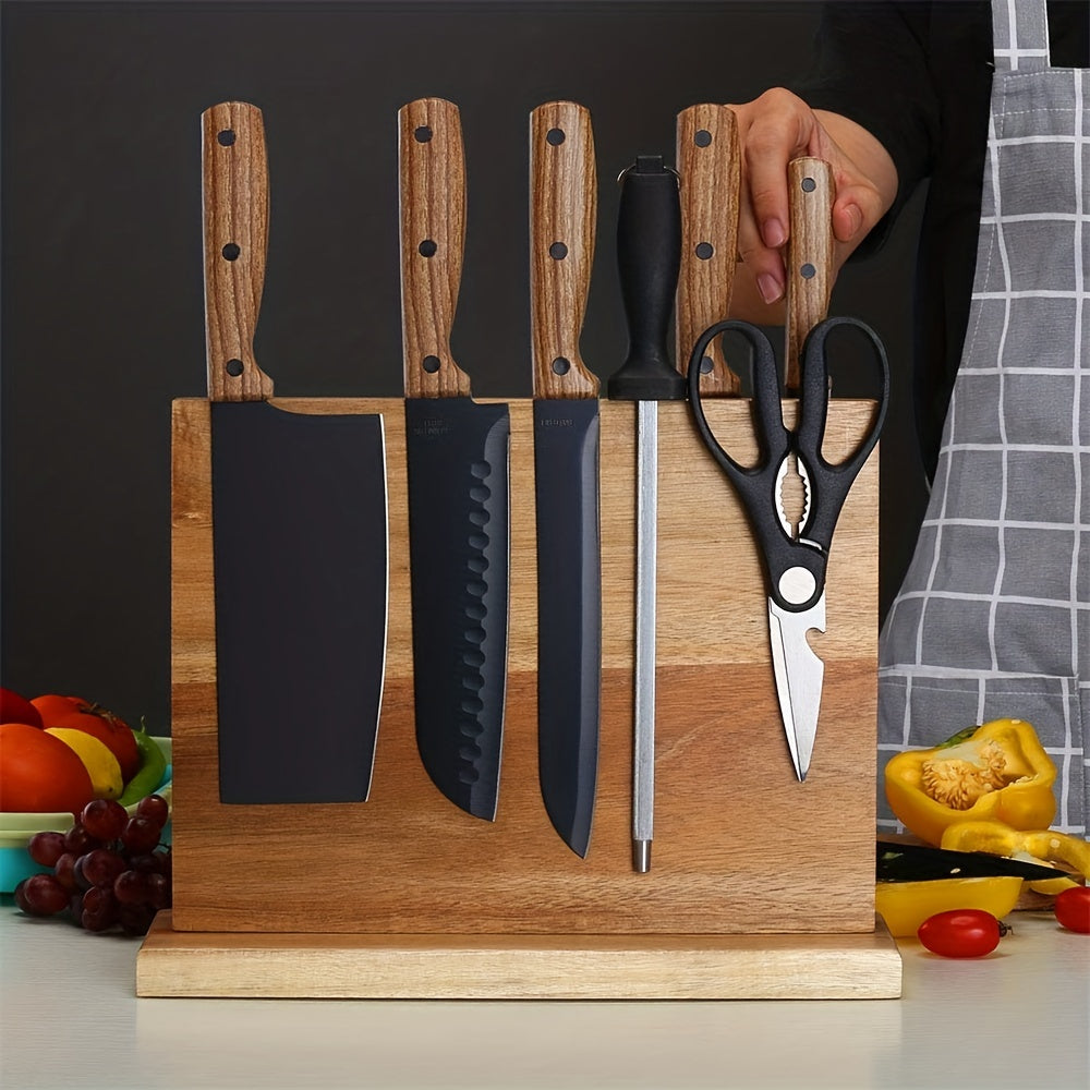 Wooden Knife Block with Magnetic Double-Sided Design - Versatile Kitchen Organizer for Knives and Utensils