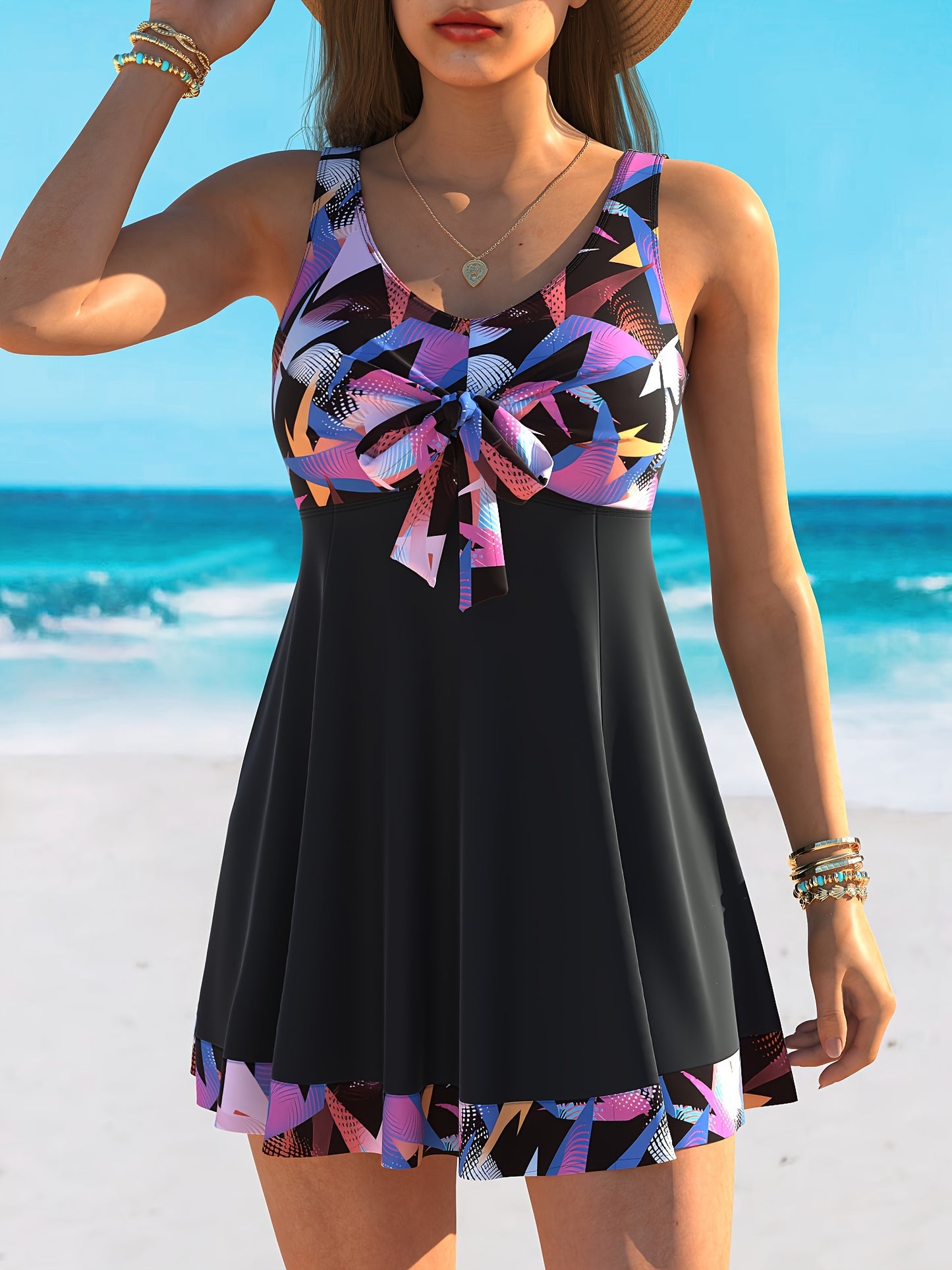 Get ready for the beach with this cute and stylish two-piece tankini set, perfect for a comfortable and stretchy fit. Ideal for your beach vacation.