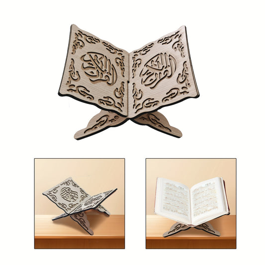 Vintage style wooden folding bookshelf with a religious theme, perfect for reading, prayer, and holiday decor without the need for electricity.