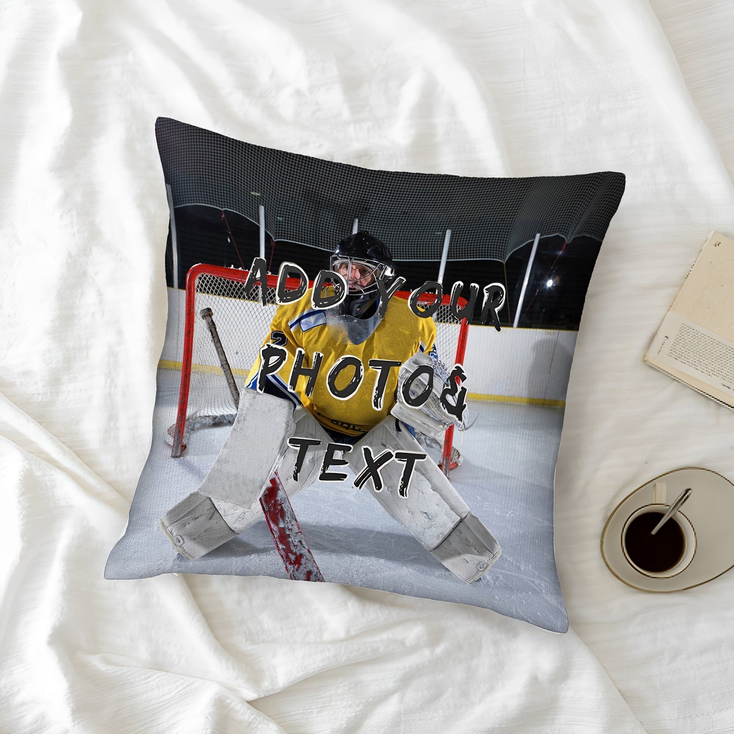 One personalized ice hockey goalie photo pillow cover available for purchase. Made of polyester and short plush material with a single-sided print. Does not come with an insert. Designed to fit a 45.72x45.72 cm pillow. Perfect gift for hockey fans