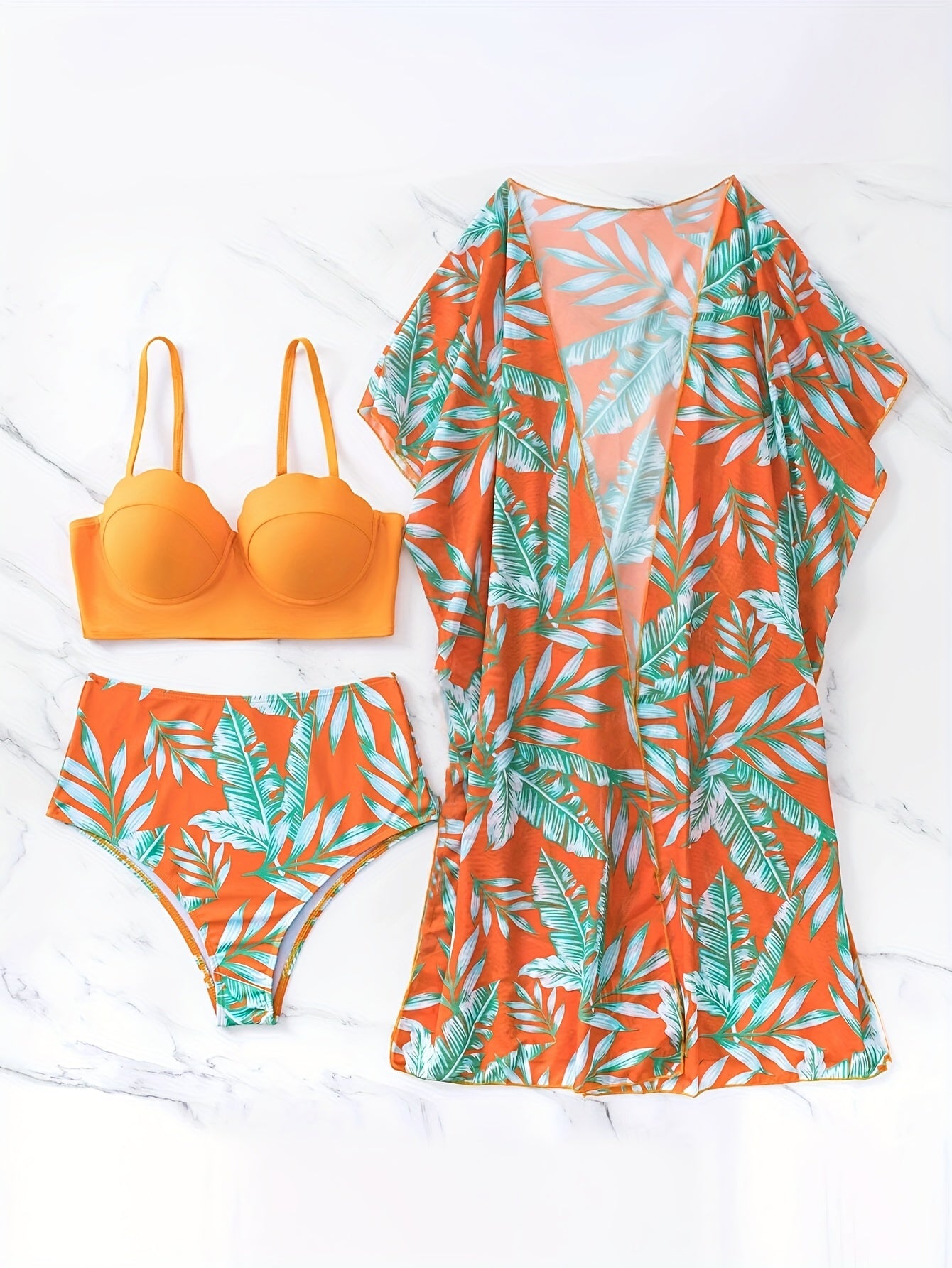 Tropical Print 3pc Bikini Set with Spaghetti Straps and High Waist, including Cover Up Shirt. Perfect for Women's Swimwear and Clothing.