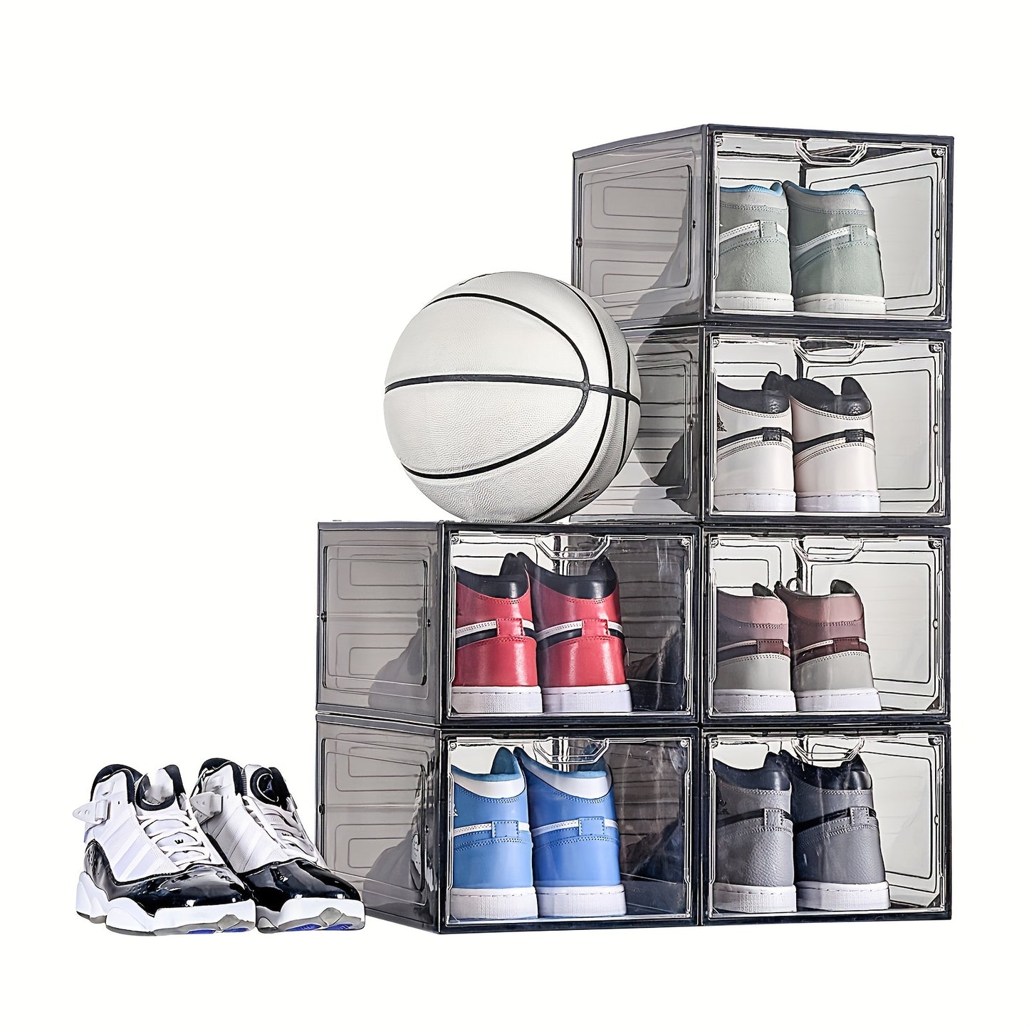 6-Pack Clear Plastic Shoe Organizer Boxes with Magnetic Closure, Waterproof Rectangle Sneaker Storage Display Cases, Multipurpose Stackable Shoe Organizers in Black.