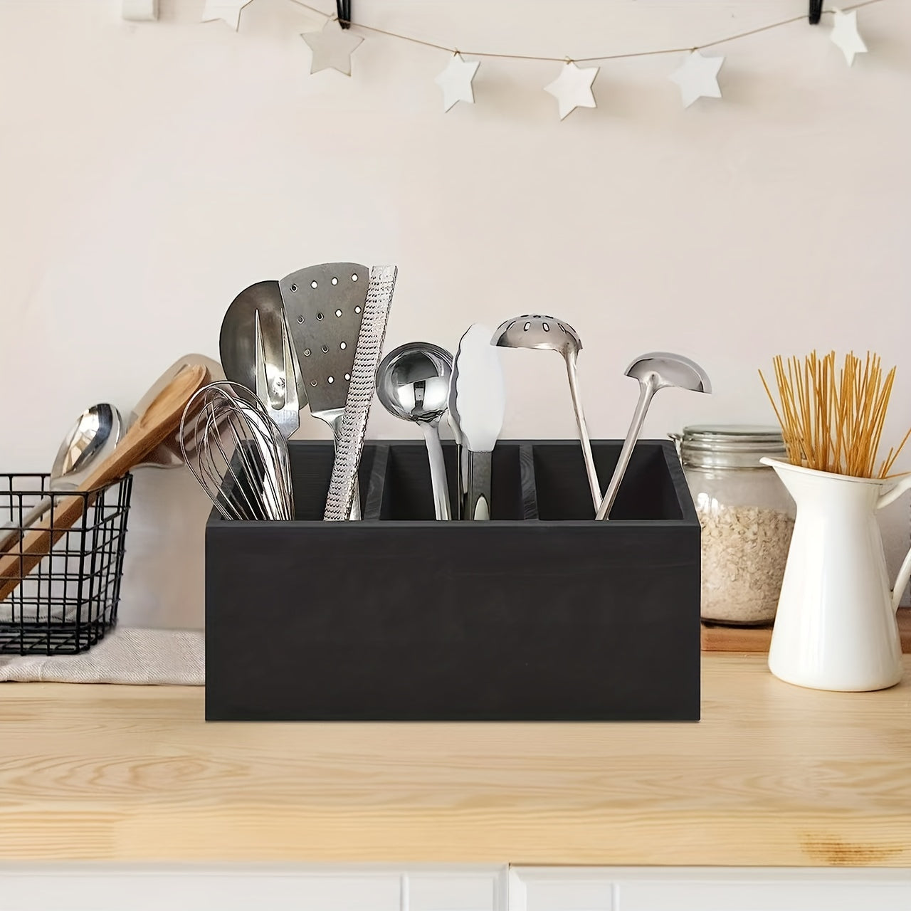 Farmhouse Style Wooden Tableware Rack with 2 Layers of Tableware Boxes - Ideal for Organizing and Storing Kitchen Items - Finished in Black