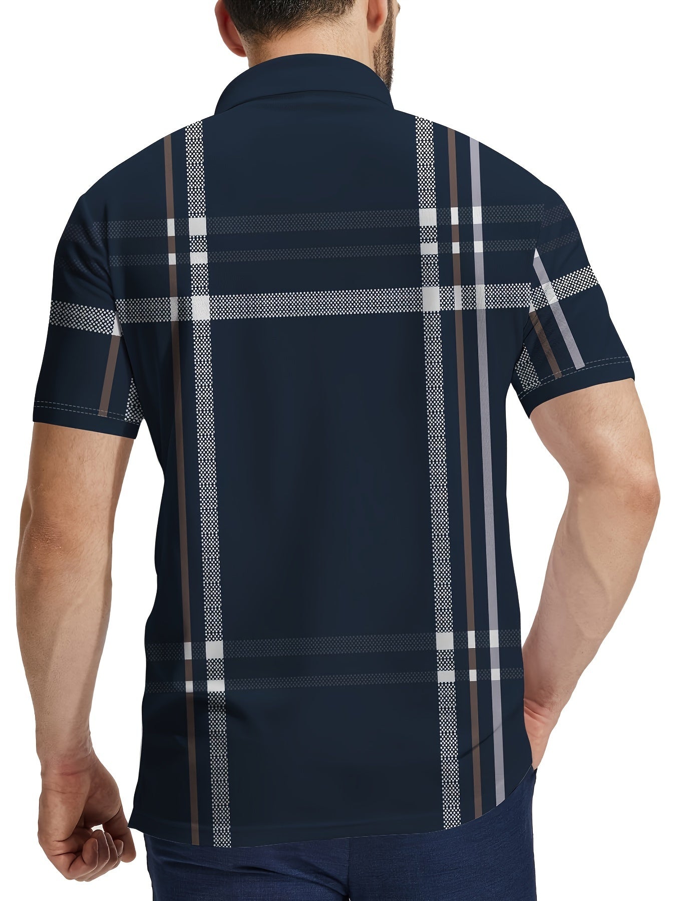 Men's retro plaid print short sleeve shirt, perfect for summer business travel. Features an orange and black/white checkered pattern in lightweight, machine washable polyester. Available in