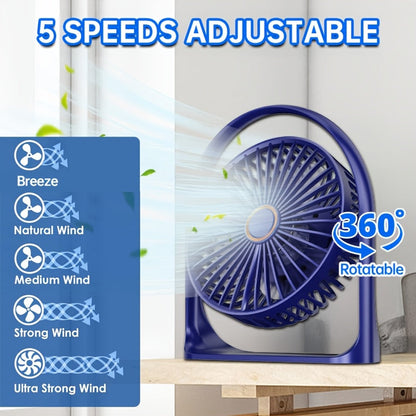 The TENGQU Portable USB Rechargeable Fan features a 1200mAh Lithium Battery and 5-Speed High-Velocity Table Fan. Perfect for use in the home, office, bedroom, or outdoors, this compact fan has a polished plastic design with button control for easy