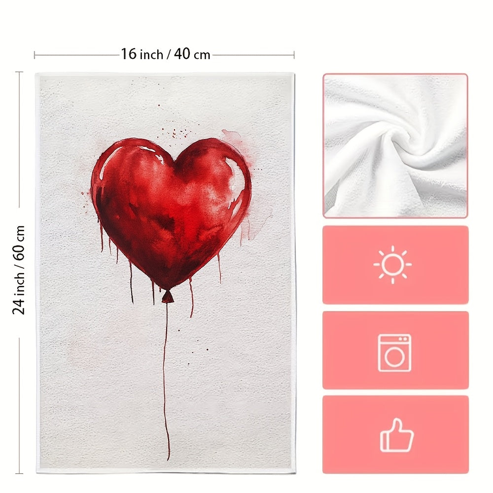 Two pieces of ultra soft kitchen towels featuring a Valentine's Day heart balloon design. These towels are highly absorbent and machine washable, making them perfect for dish and hand drying. With a contemporary style and measuring 40.64x60.96 cm, these