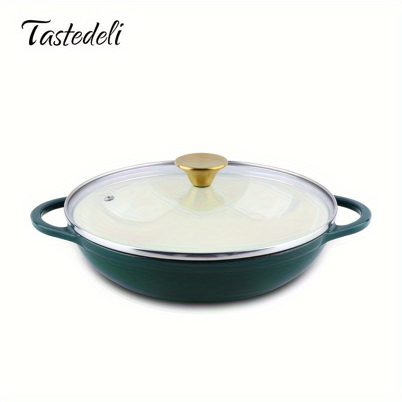 Tastedeli's Enameled Cast Iron Dutch Oven is a round casserole braising pan with lid, holding 2.5 quarts - perfect for versatile cooking such as braising, stewing, and baking.