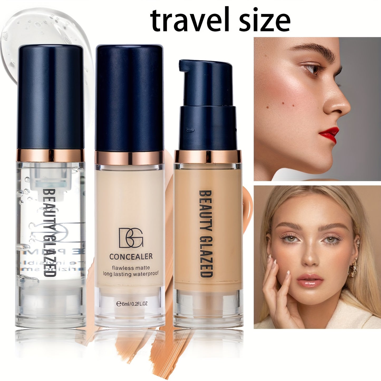 BEAUTY GLAZED Travel Set: Primer, Concealer, Liquid Foundation for All Skin Tones