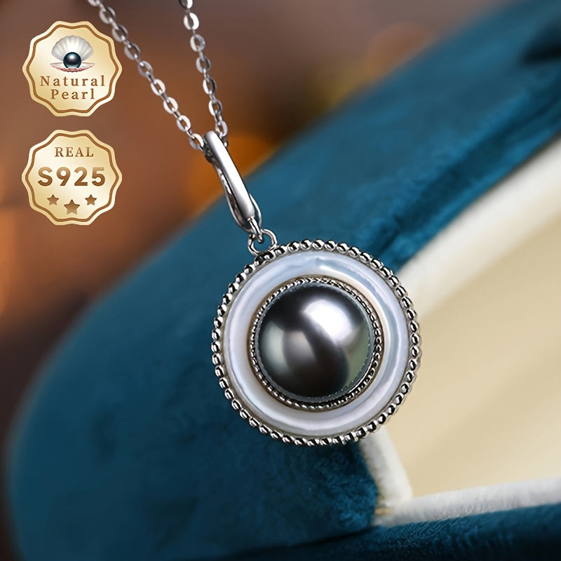 MUFAN Vintage Elegant 925 Silver Necklace featuring a 9-10mm Tahitian Black Pearl - Genuine Natural Stone, June Birthstone, Unplated - Ideal for Everyday Wear & Gifting, Suitable for All Occasions