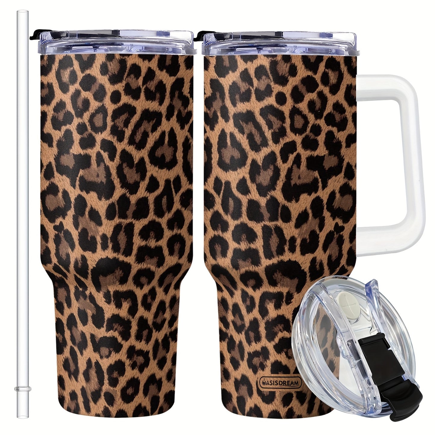 Adiffly 40oz Stainless Steel Tumbler with Handle, Lid, Straws - BPA-Free Double-Wall Vacuum Mug - Leopard Print - Maintains Temperature for Hours - Hand Wash Only - Cup Holder Compatible