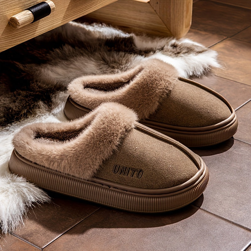 Cozy winter plush slippers for men and women with soft fabric lining, non-slip sole, machine washable. Available in beige and gray with white fur trim. Perfect for indoor comfort.