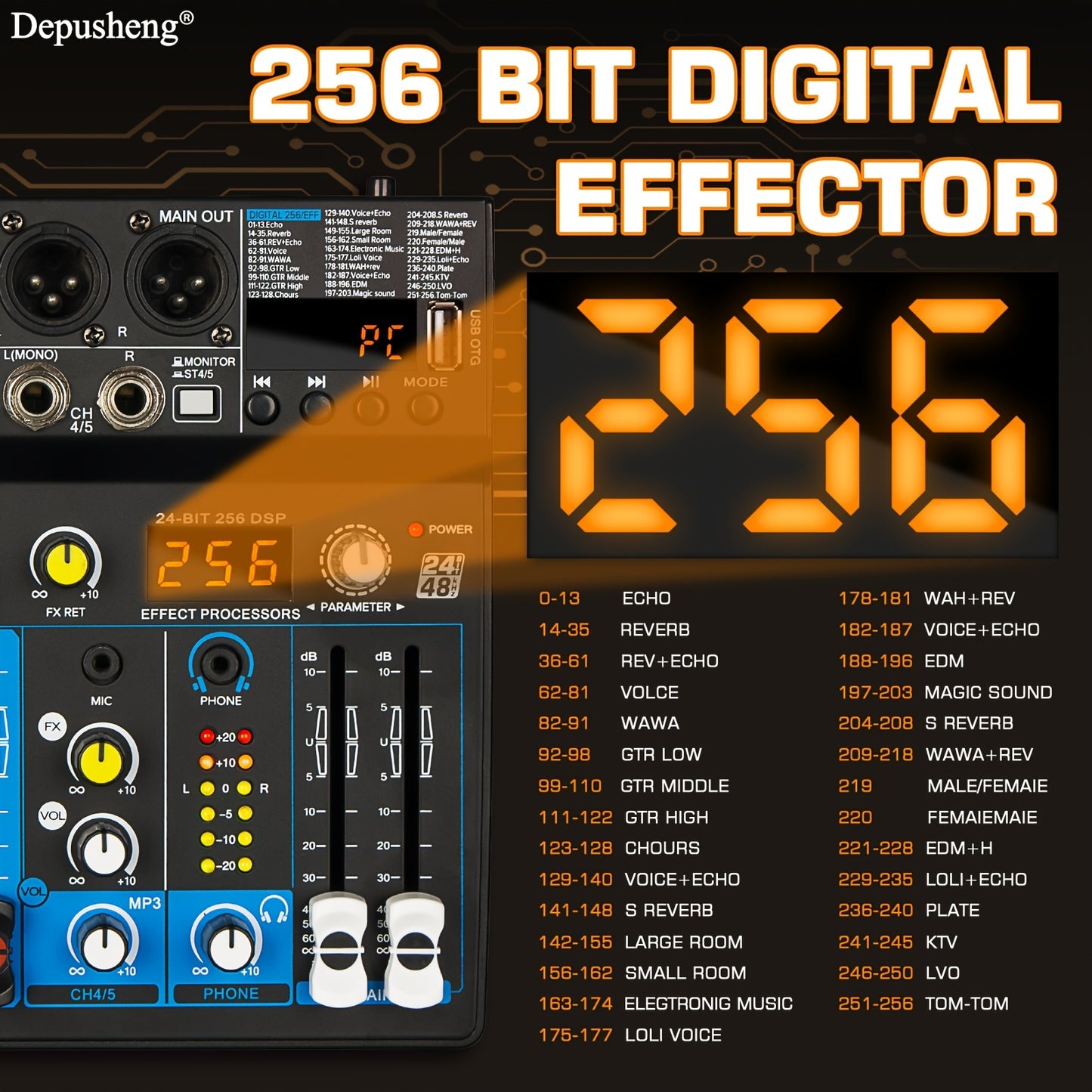 DEPUSHENG 6 Channel DJ Mixer with USB MP3 input, suitable for podcasts, studio recordings, gaming, and ambient sound.