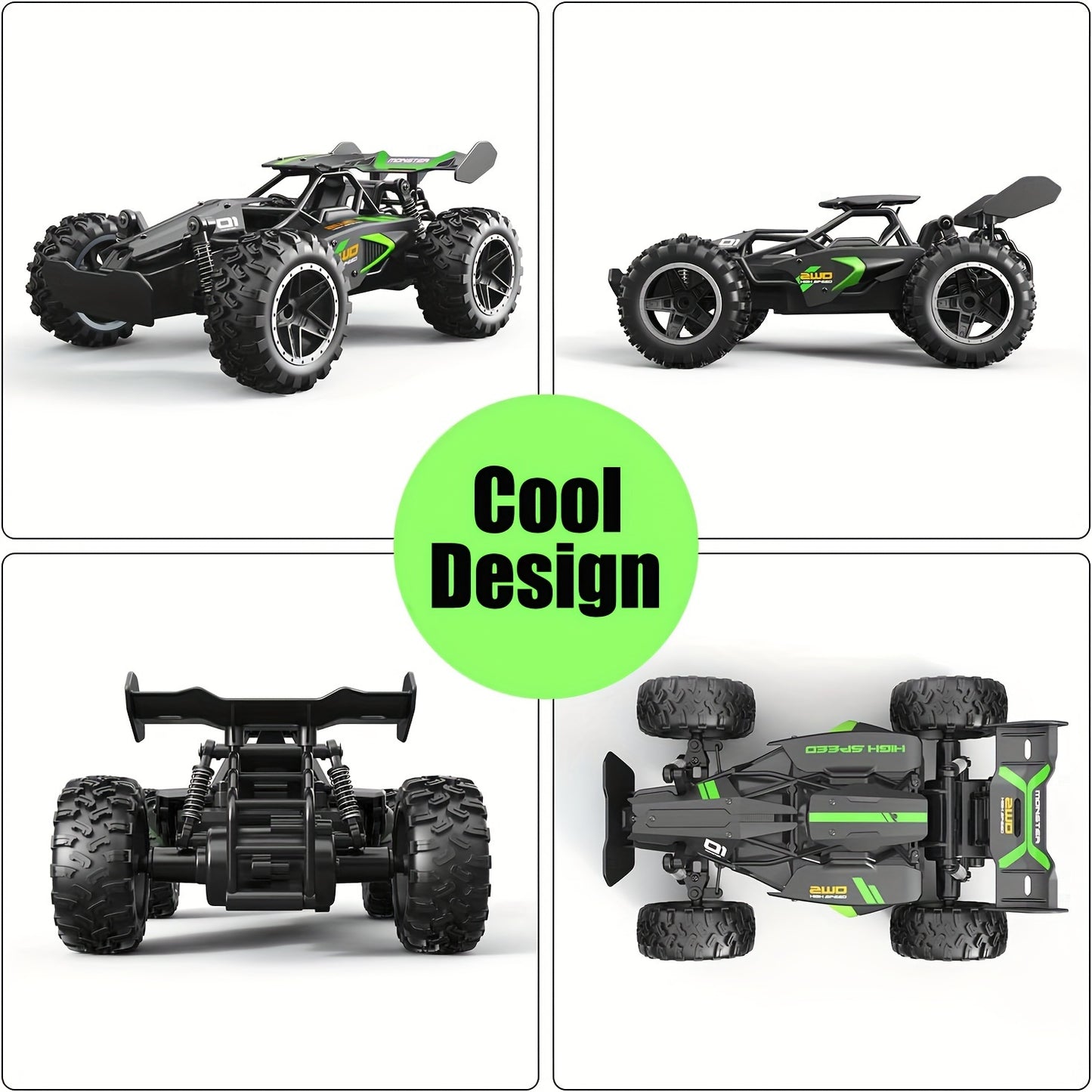 High-Speed remote control racing car with anti-collision & drift modes, USB rechargeable battery, 1:18 scale, off-road design, rubber tires.